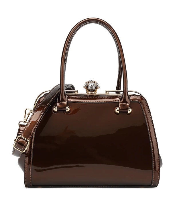 Patent Leather Handbag Rhinestone Cluster Kiss lock Clasp Luxury Bag Elegant Double Handle Shoulder Strap Ivory Leather Purse Designer Bag
