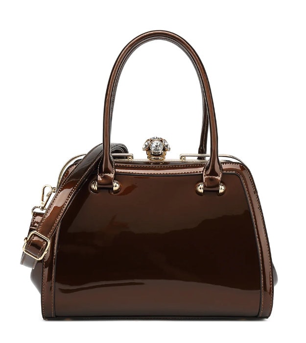 Patent Leather Handbag Rhinestone Cluster Clasp Luxury Bag Elegant Tote Bag, Women's Solid Color Purse Double Handle Purse Shoulder Strap
