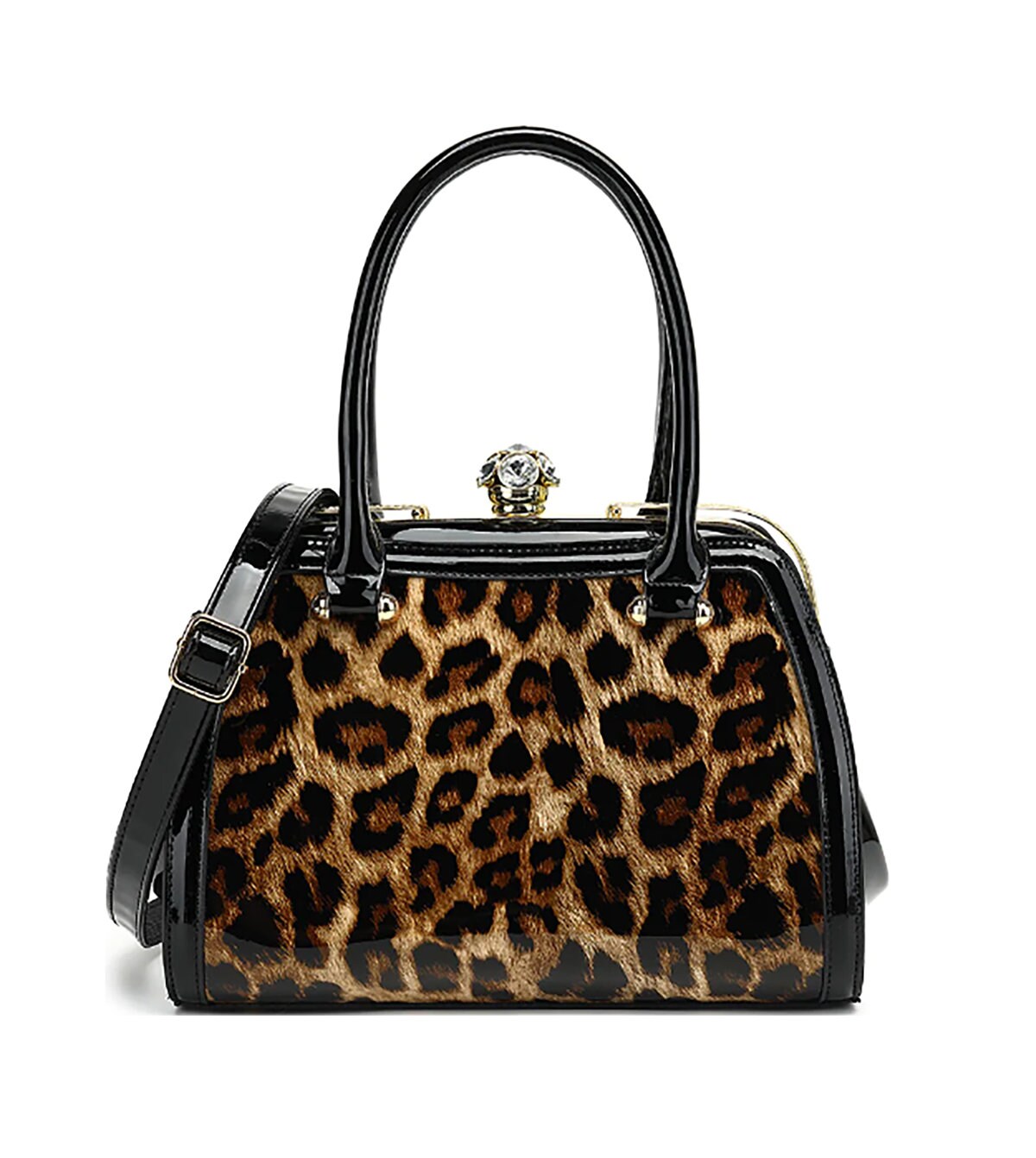 Patent Leather Handbag Rhinestone Cluster Clasp Luxury Bag Elegant Tote Bag, Women's Solid Color Purse Double Handle Purse Shoulder Strap