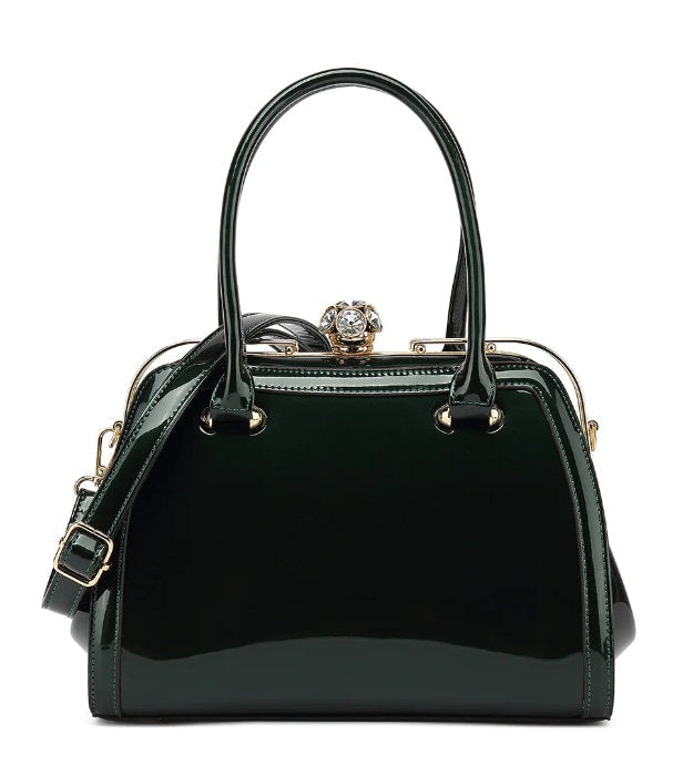 Patent Leather Handbag Rhinestone Cluster Clasp Luxury Bag Elegant Tote Bag, Women's Solid Color Purse Double Handle Purse Shoulder Strap