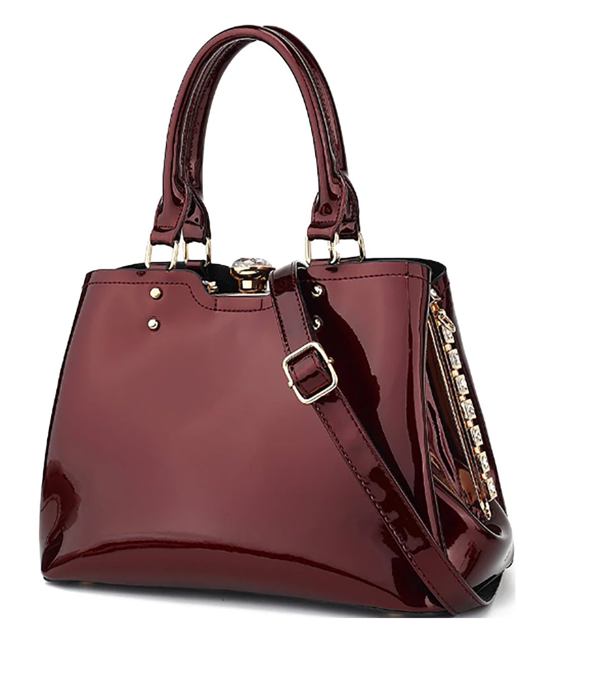 Patent Leather Handbag Rhinestone Accents Diamond Kiss Lock Clasp Should Strap Inside Zipper Pocket Designer Bag Pink Purse Ivory Satchel