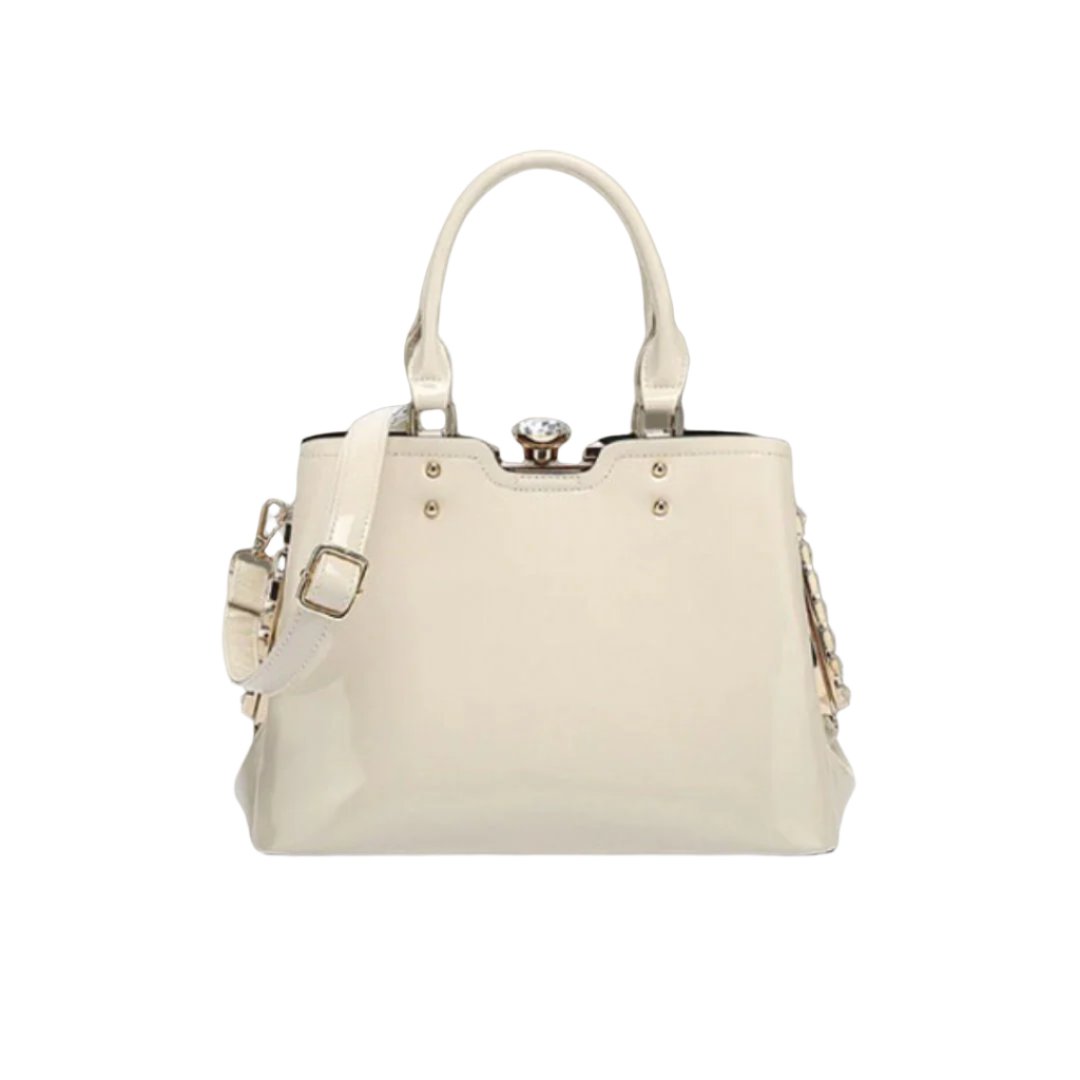 Patent Leather Handbag Rhinestone Accents Diamond Kiss Lock Clasp Should Strap Inside Zipper Pocket Designer Bag Pink Purse Ivory Satchel
