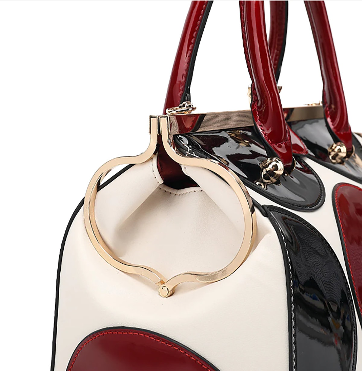 Paten Leather Handbag Lady Bug Black White Red Large Satchel Designer Bag Rhinestone Kiss Lock Clasp Luxury Purse