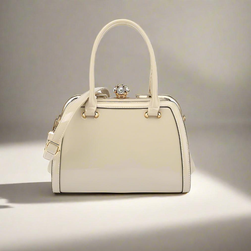 Patent Leather Handbag Rhinestone Cluster Kiss lock Clasp Luxury Bag Elegant Double Handle Shoulder Strap Ivory Leather Purse Designer Bag