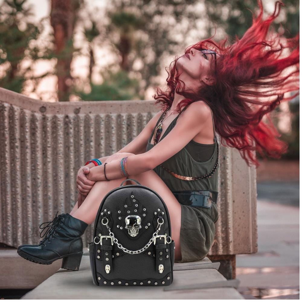 Concealed Carry Backpack Purse • Studded leather backpack • Western Skull Concho Chain Studded Concealed Carry Cowgirl Backpack