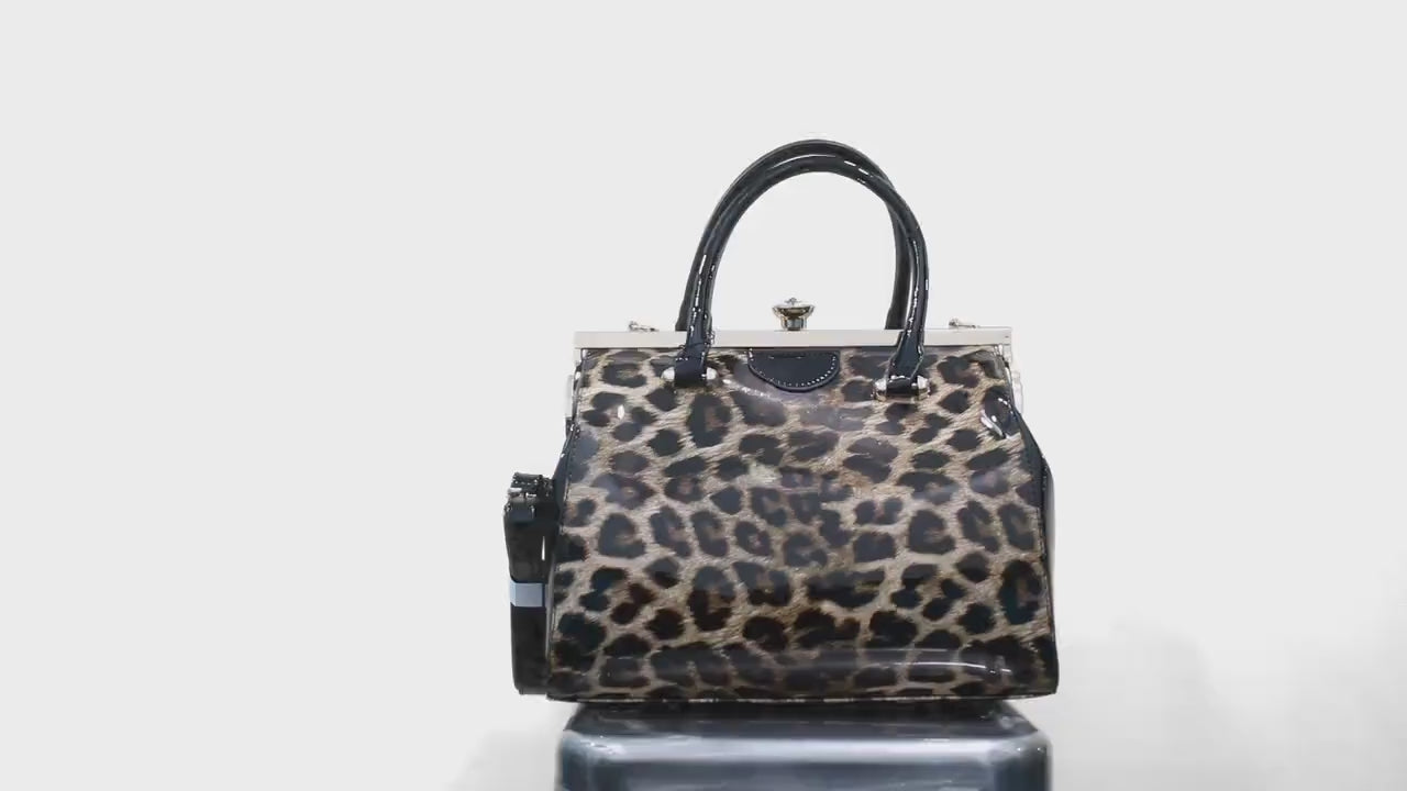 Patent Leather Leopard Print Handbag • Elegant Frame Satchel with Rhinestone Clasp