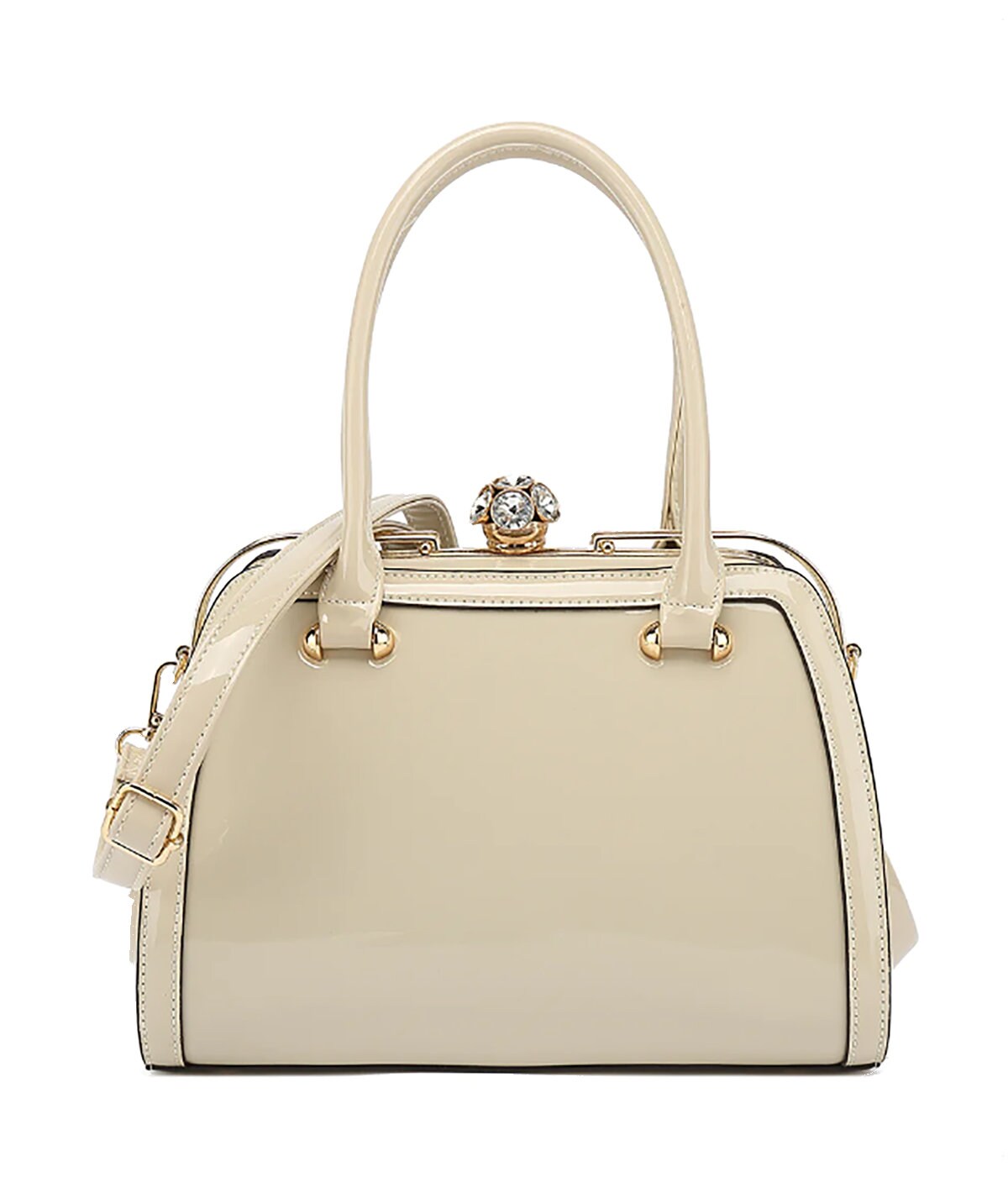 Patent Leather Handbag Rhinestone Cluster Clasp Luxury Bag Elegant Tote Bag, Women's Solid Color Purse Double Handle Purse Shoulder Strap