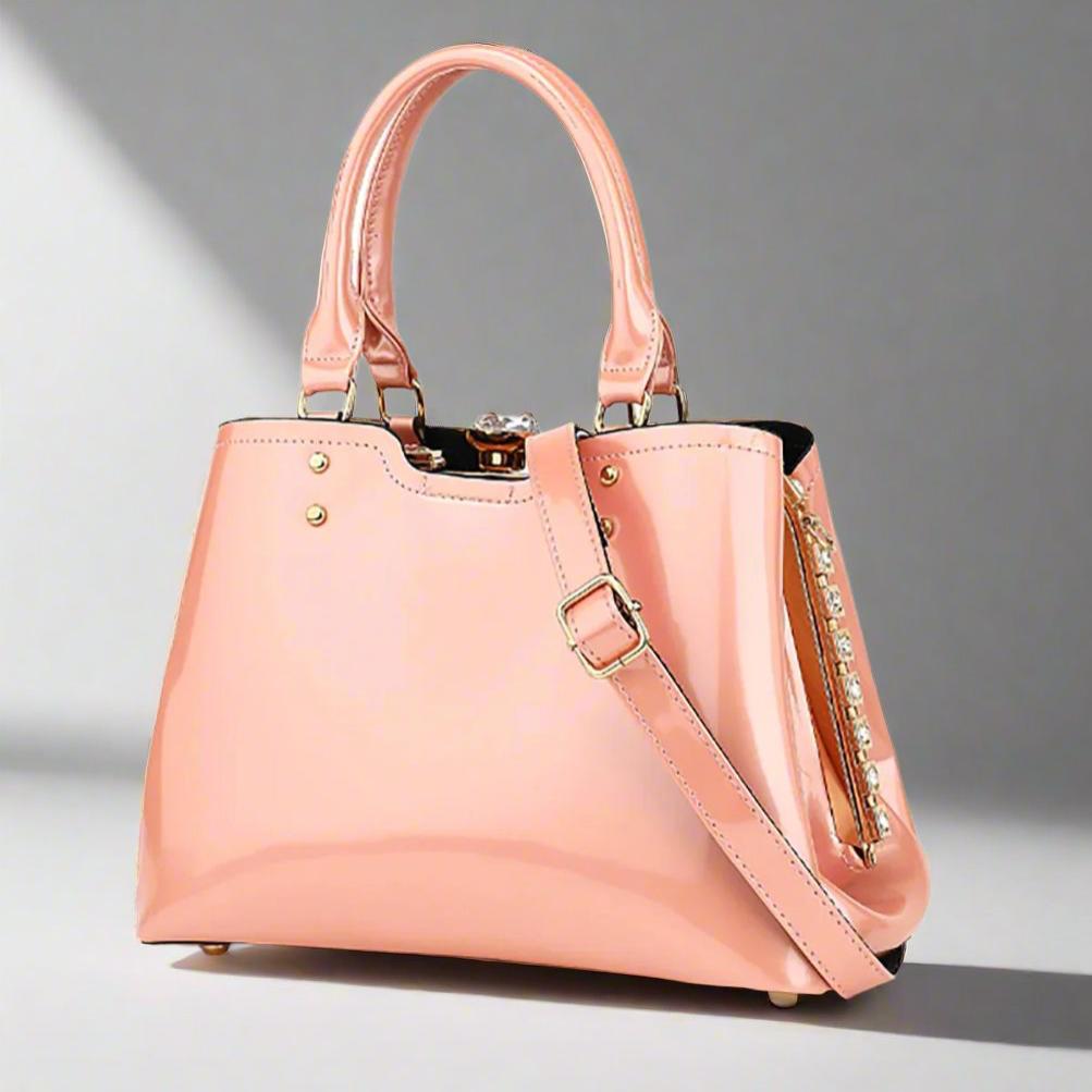 Patent Leather Handbag Rhinestone Accents Diamond Kiss Lock Clasp Should Strap Inside Zipper Pocket Designer Bag Pink Purse Ivory Satchel