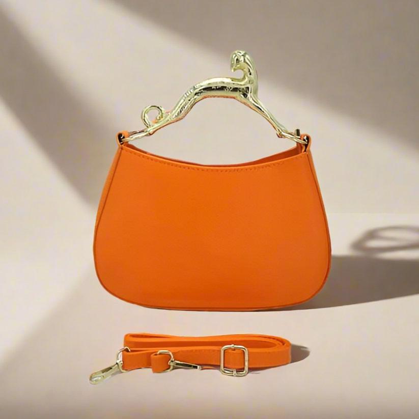 Cougar Gold Handle Fashion Handbag Orange Leopard Luxury Designer Purse Womans Bag Casual Unique Cat Faux Leather Party