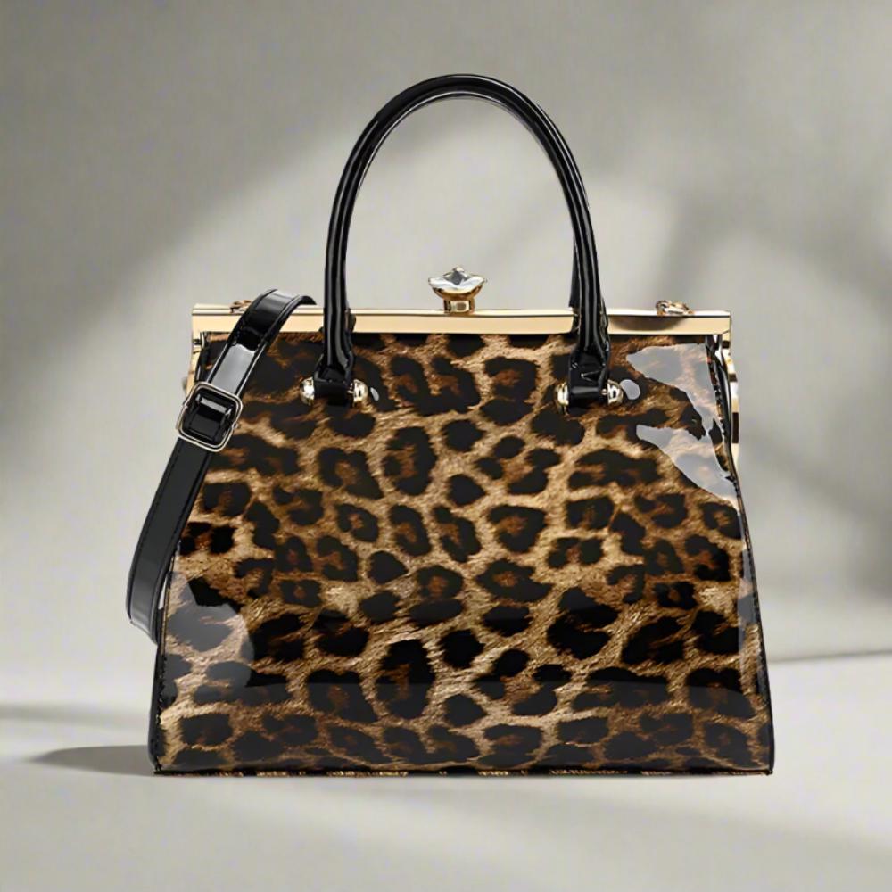Patent Leather Leopard Print Handbag • Elegant Frame Satchel with Rhinestone Clasp