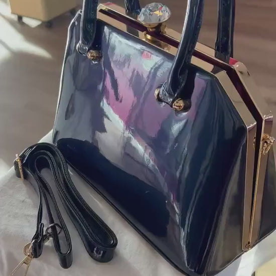 Red Patent Leather Handbag Gold Trim Rhinestone Gem Clasp Kiss Lock Elegant Chic Designer Bag Luxury Purse Women's Bag Ivory Blue Black Pink