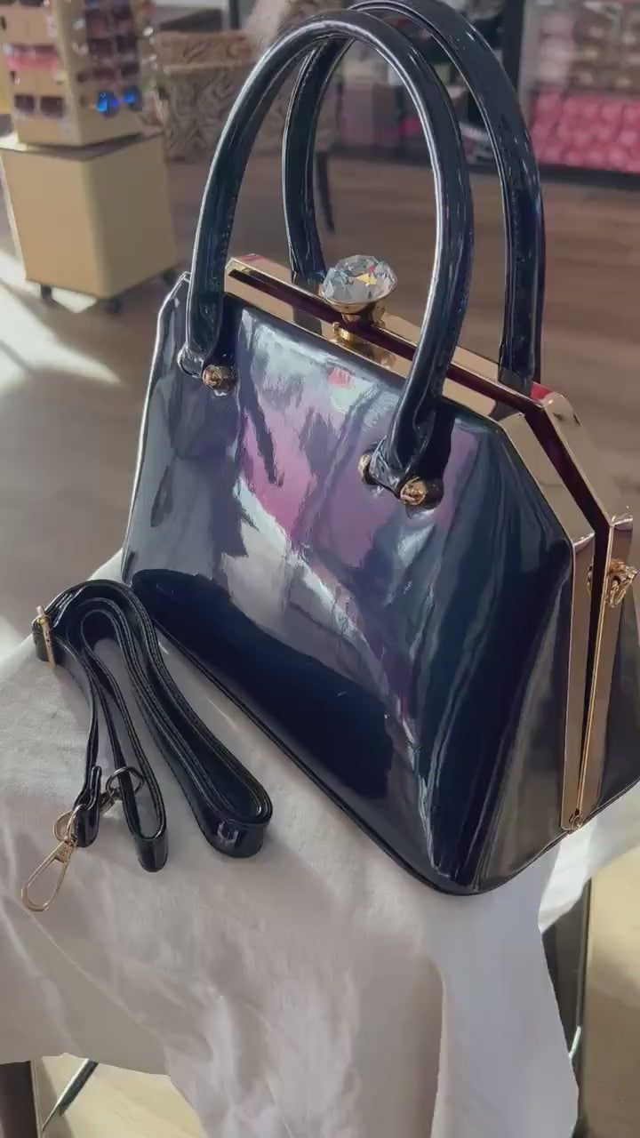 Red Patent Leather Handbag Gold Trim Rhinestone Gem Clasp Kiss Lock Elegant Chic Designer Bag Luxury Purse Women's Bag Ivory Blue Black Pink
