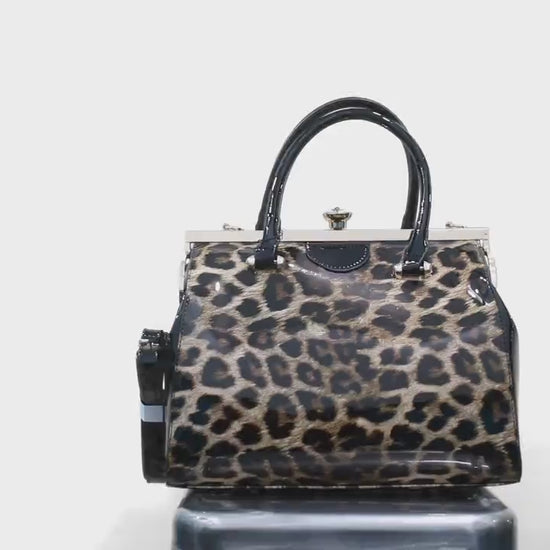 Patent Leather Leopard Print Handbag • Elegant Frame Satchel with Rhinestone Clasp